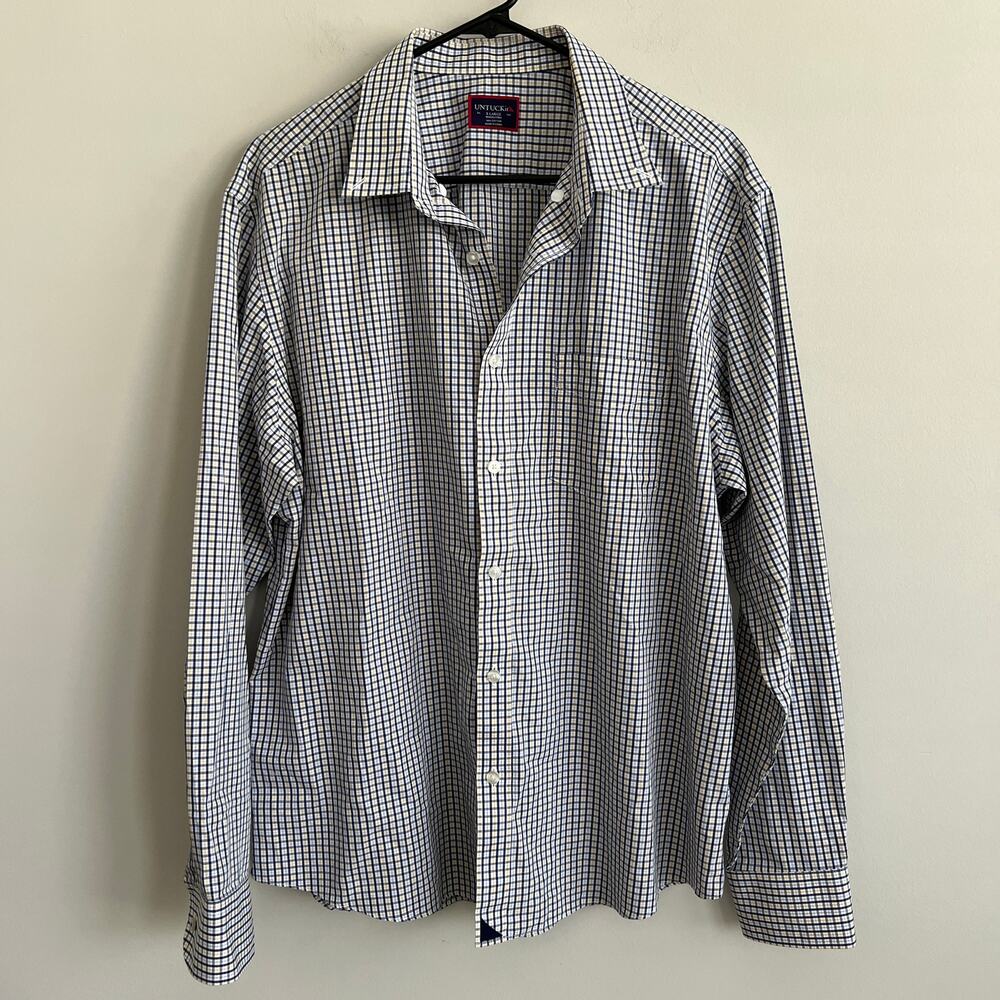 UNTUCKit Wrinkle Free Blue Yellow Check Button Down Dress Shirt XL